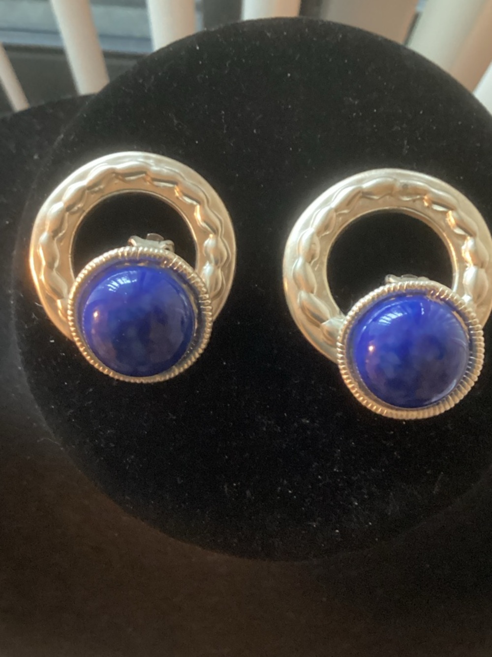 Silver-Tone Hoop Earrings with Blue Cabochon Accent